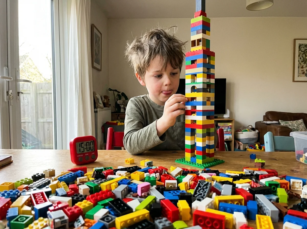 7 year old building a Lego tower with a timer, screen time alternative activity