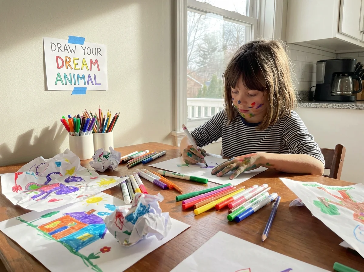 Child drawing at a kitchen table art station with markers and prompts