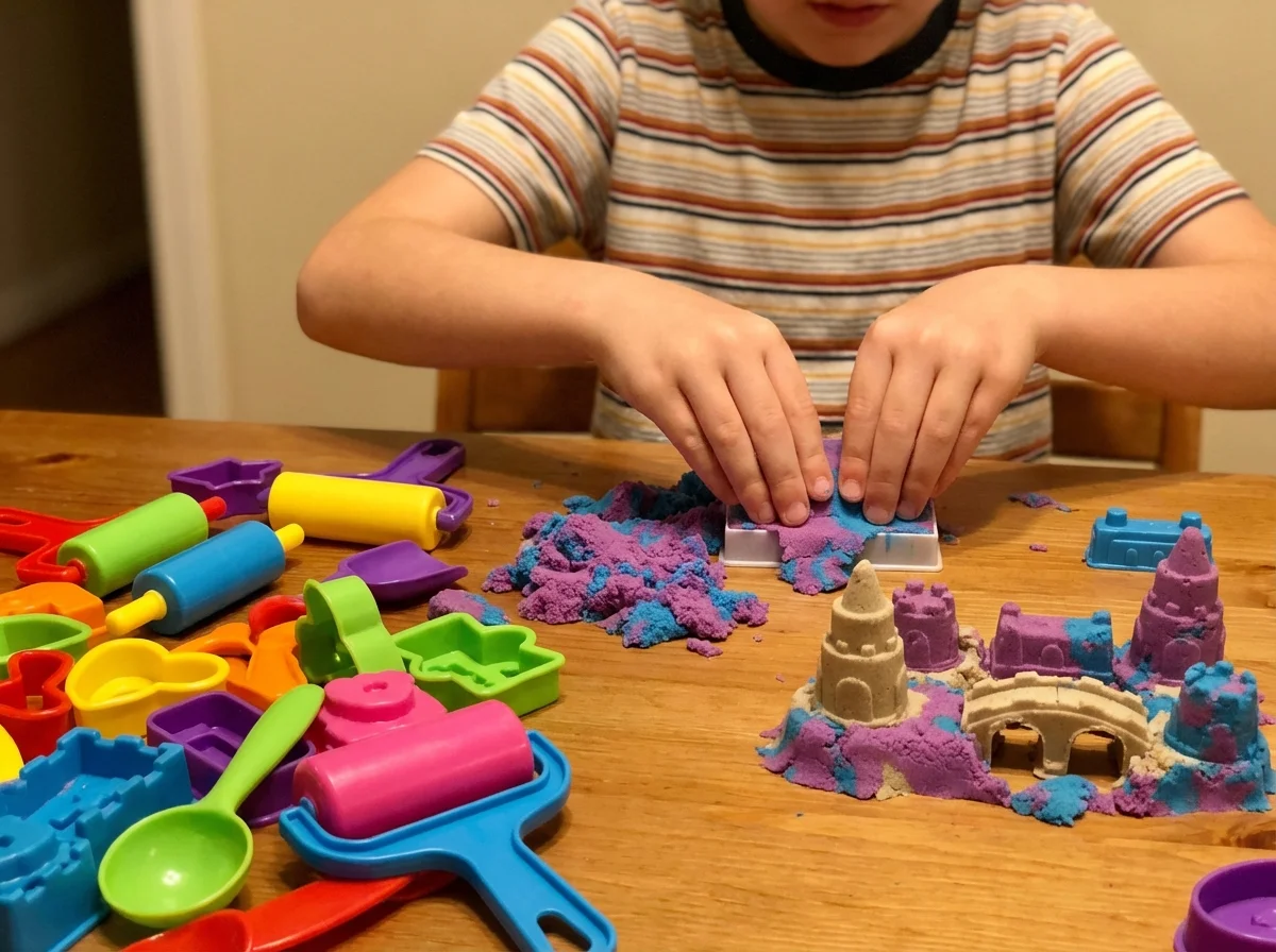 8 year old sculpting a miniature city with kinetic sand