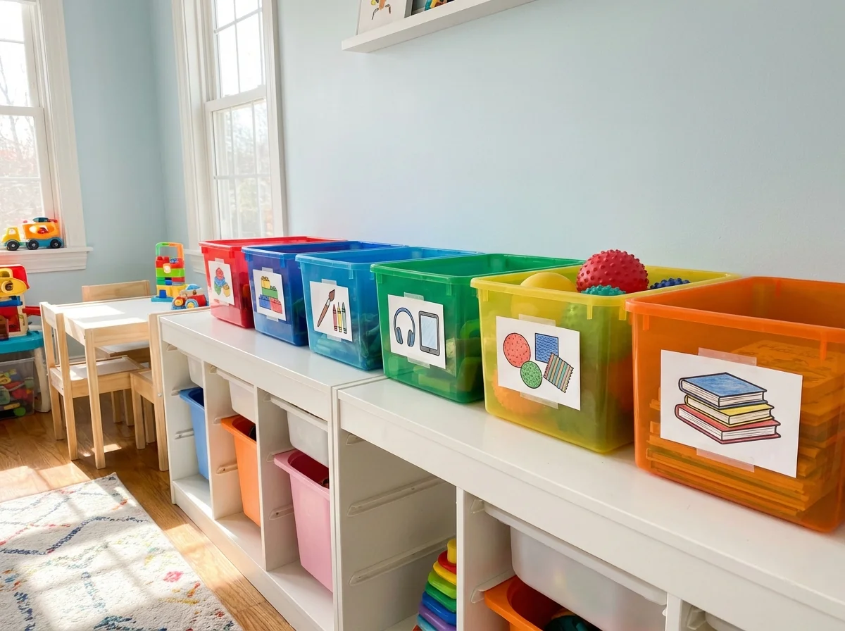 Colorful activity rotation bins organized on a shelf in a kids room