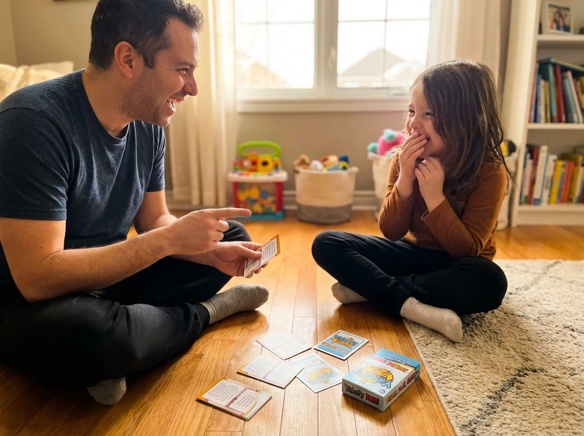 Parent and child laughing together with conversation cards on the floor