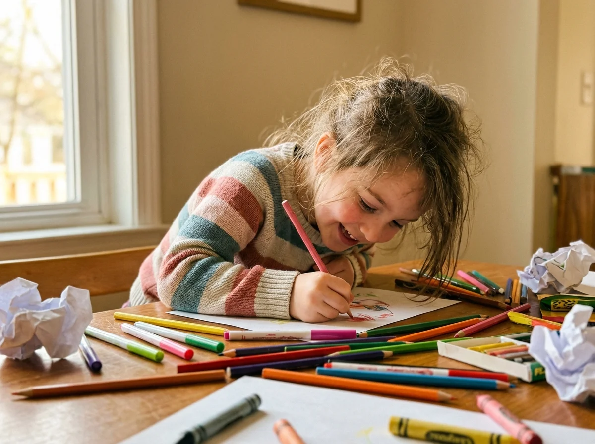 Child independently engaged in screen-free activity showing self-directed play