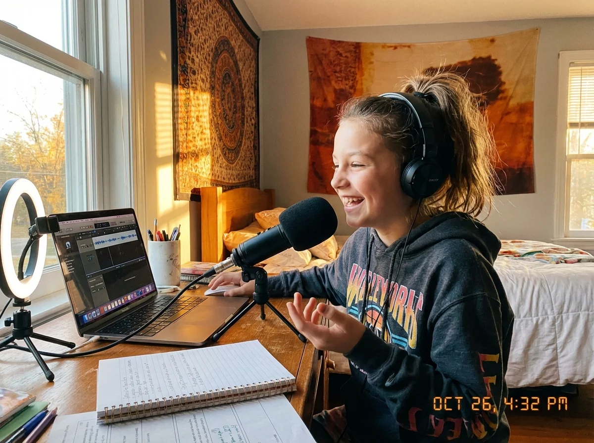 Tween creating content with microphone showing screen-adjacent creative alternatives