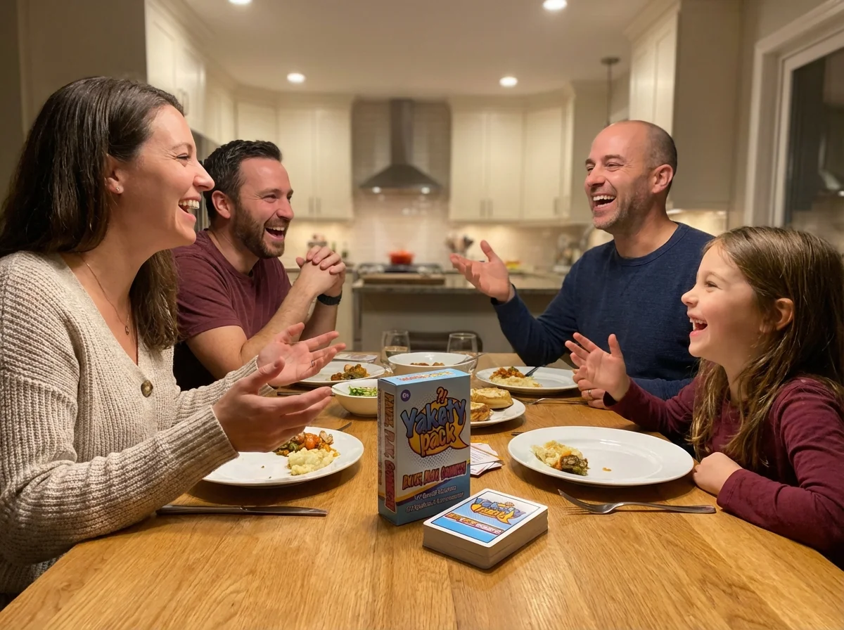 Family connecting at dinner with Yakety Pack conversation cards as social screen alternative