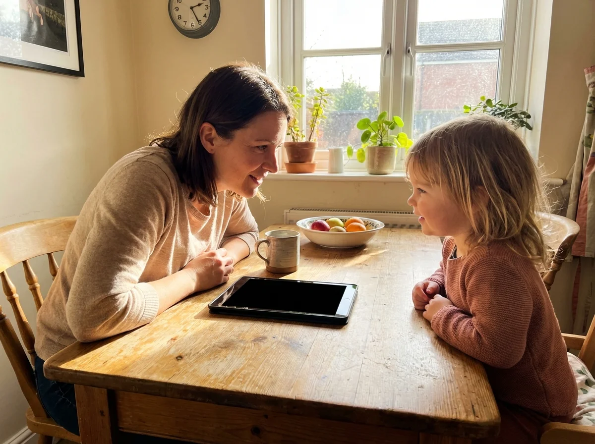 Parent and child discussing screen time rules calmly at kitchen table
