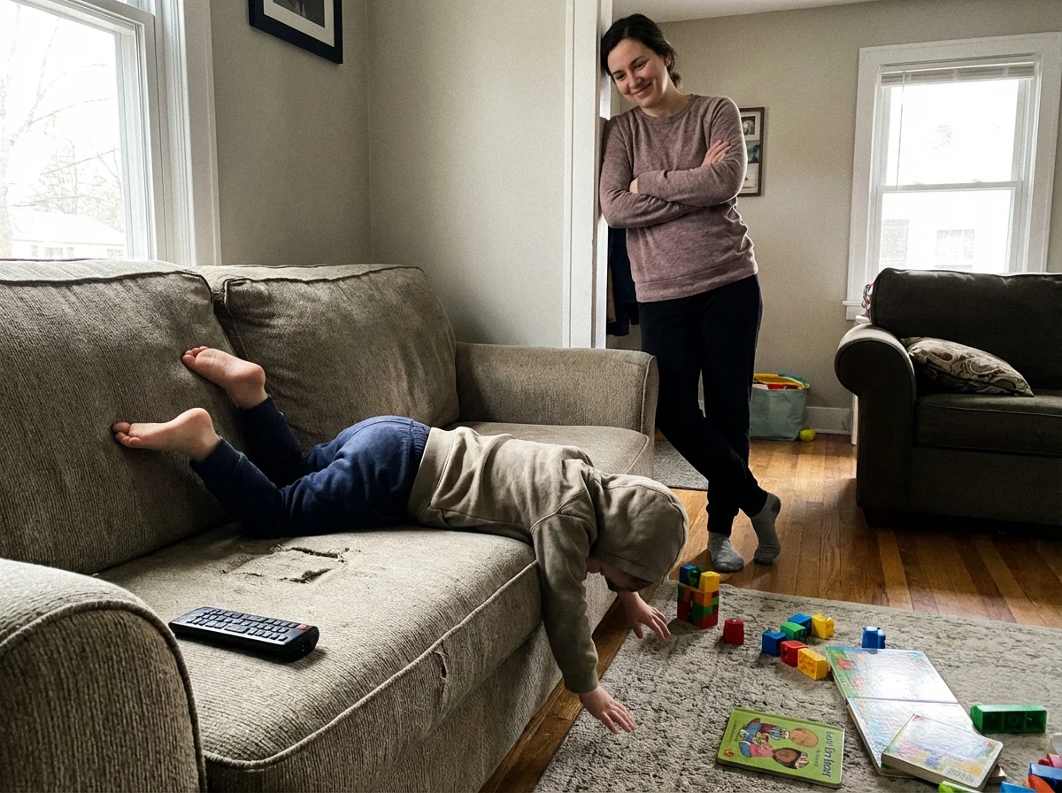 Child bored on couch during screen time transition while parent stays calm