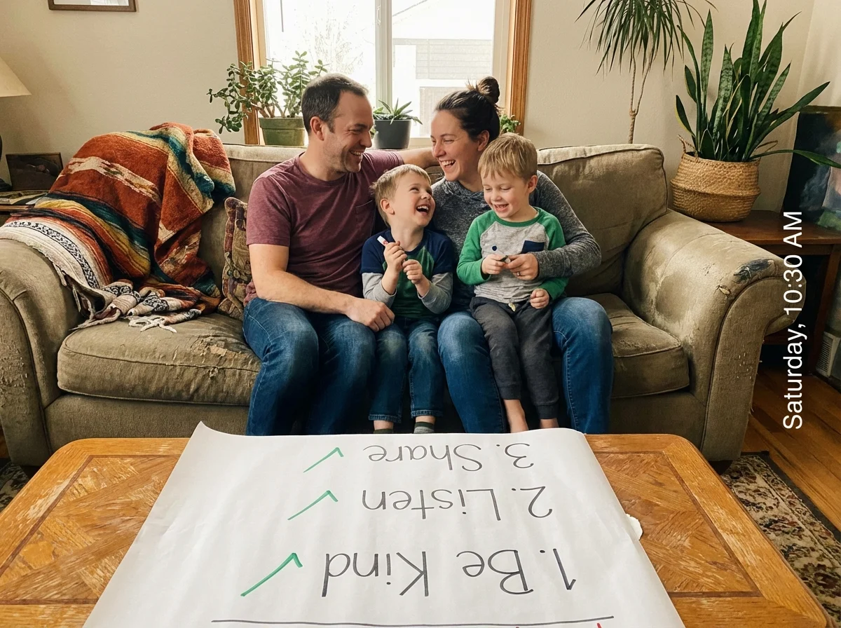 Family creating screen time agreement together on paper