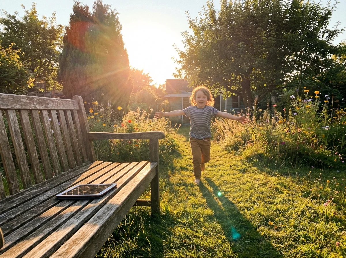 Child running outside after screen time ends without a fight