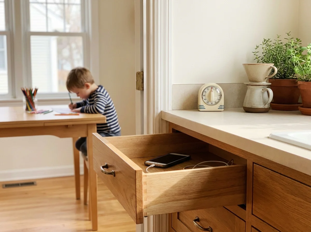 Phone stored away in drawer while child plays independently during screen-free time