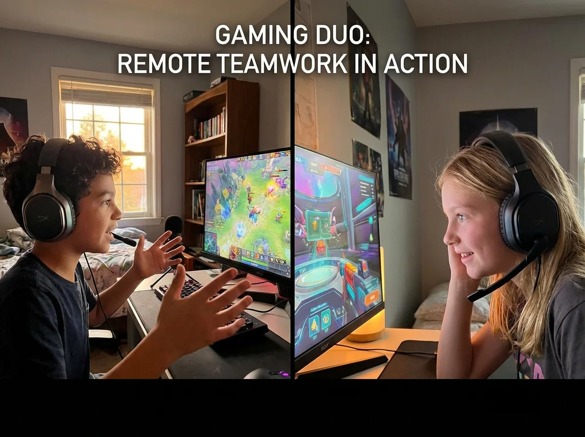 Two kids at separate computers with headsets coordinating strategy and teamwork in online multiplayer game