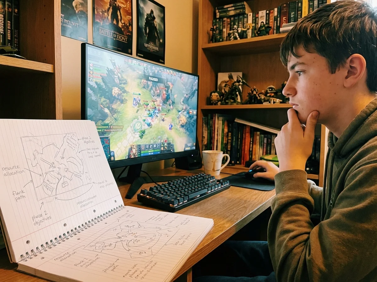 Teenager paused mid-game thinking through strategy with notebook visible showing planning notes