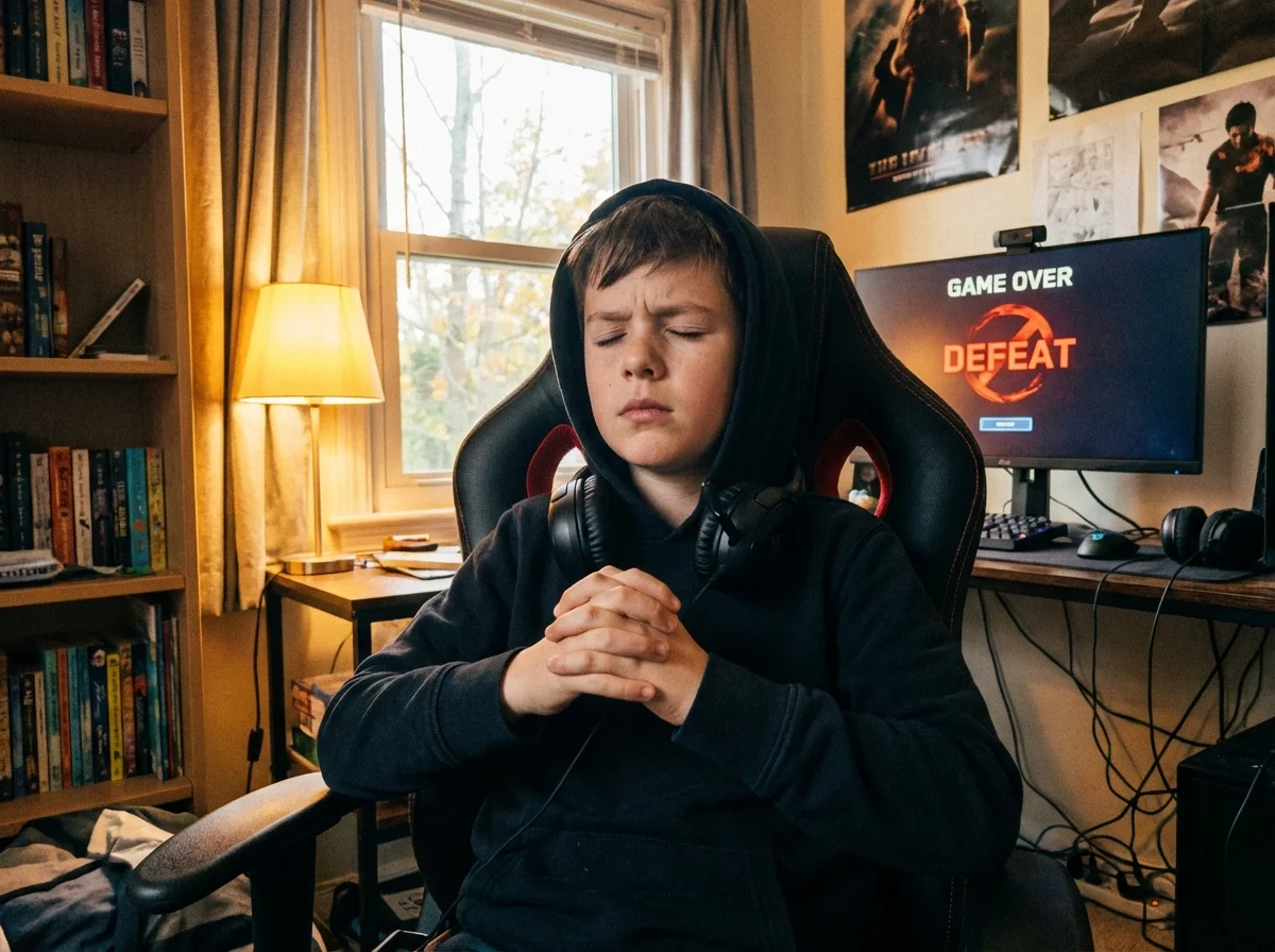 Kid taking a deep breath and resetting after losing a game match, demonstrating emotional regulation