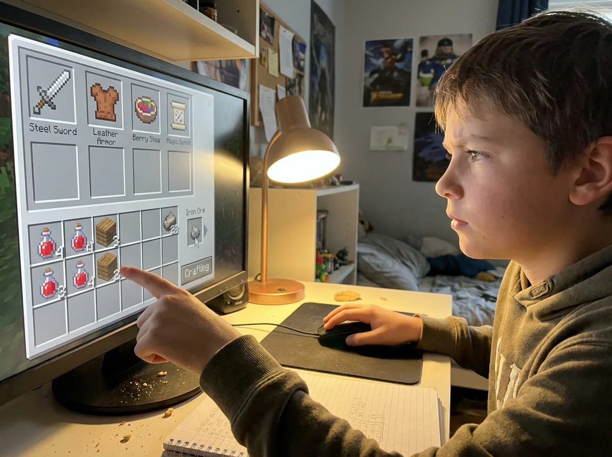 Close-up of kid carefully organizing game inventory and resources demonstrating planning and prioritization skills