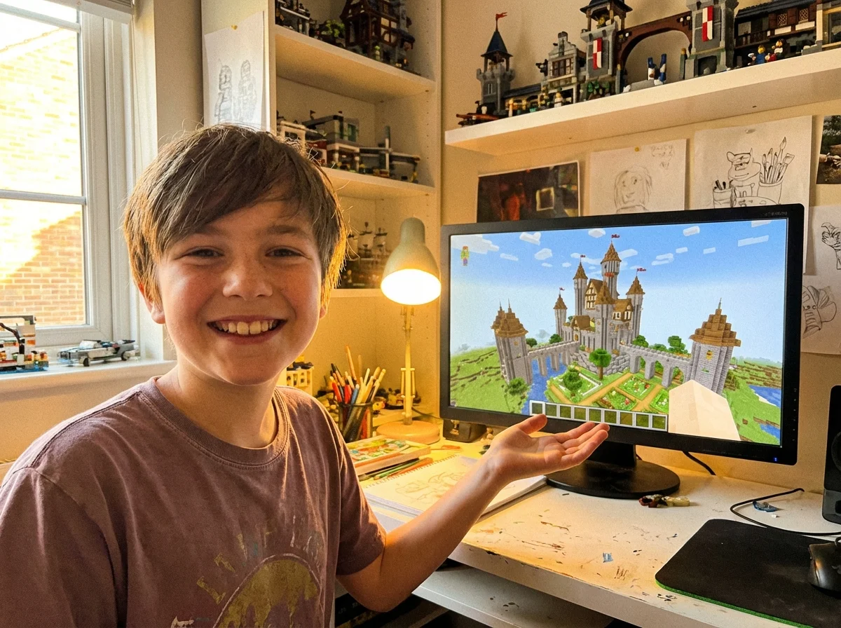 Kid proudly showing elaborate creative build they designed in game demonstrating creativity and self-expression