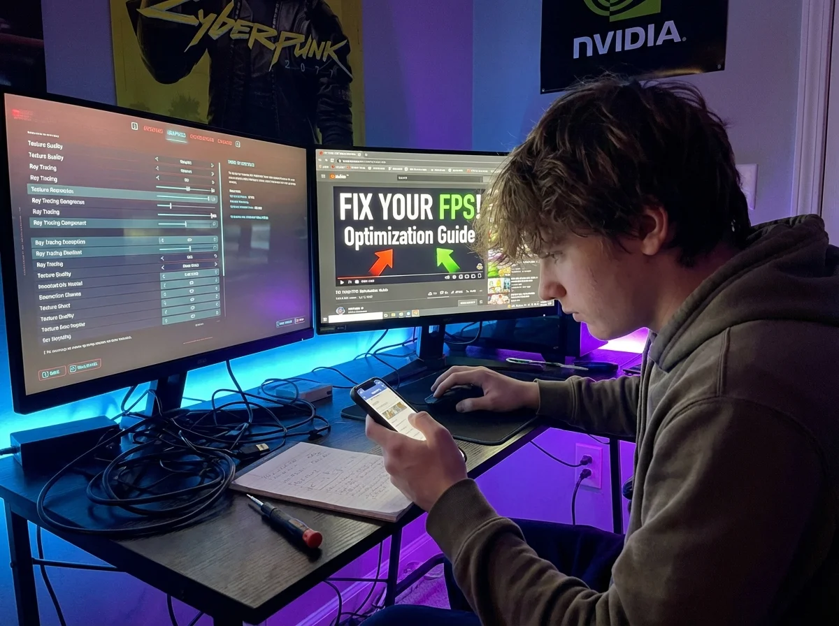 Teenager troubleshooting gaming PC setup and adjusting settings showing technical literacy and problem-solving