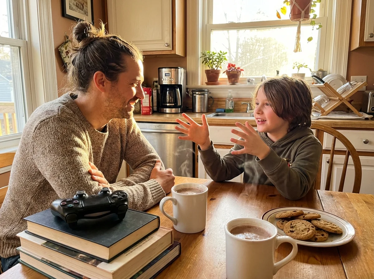 Parent and child having engaged conversation about gaming skills and real-world connections at kitchen table