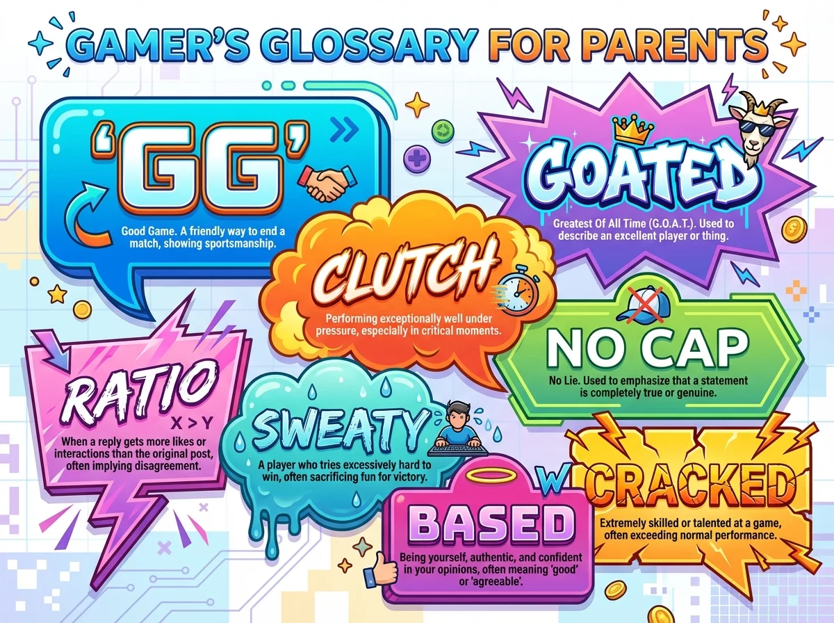 Colorful illustrated glossary-style graphic with gaming terms like GG, Goated, Clutch in stylized text bubbles