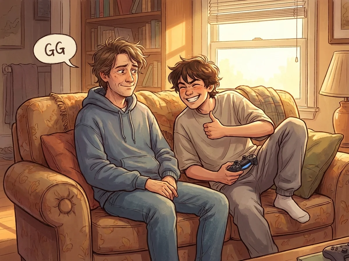 Parent and teen sitting together on couch, parent tentatively saying GG while teen grins approvingly