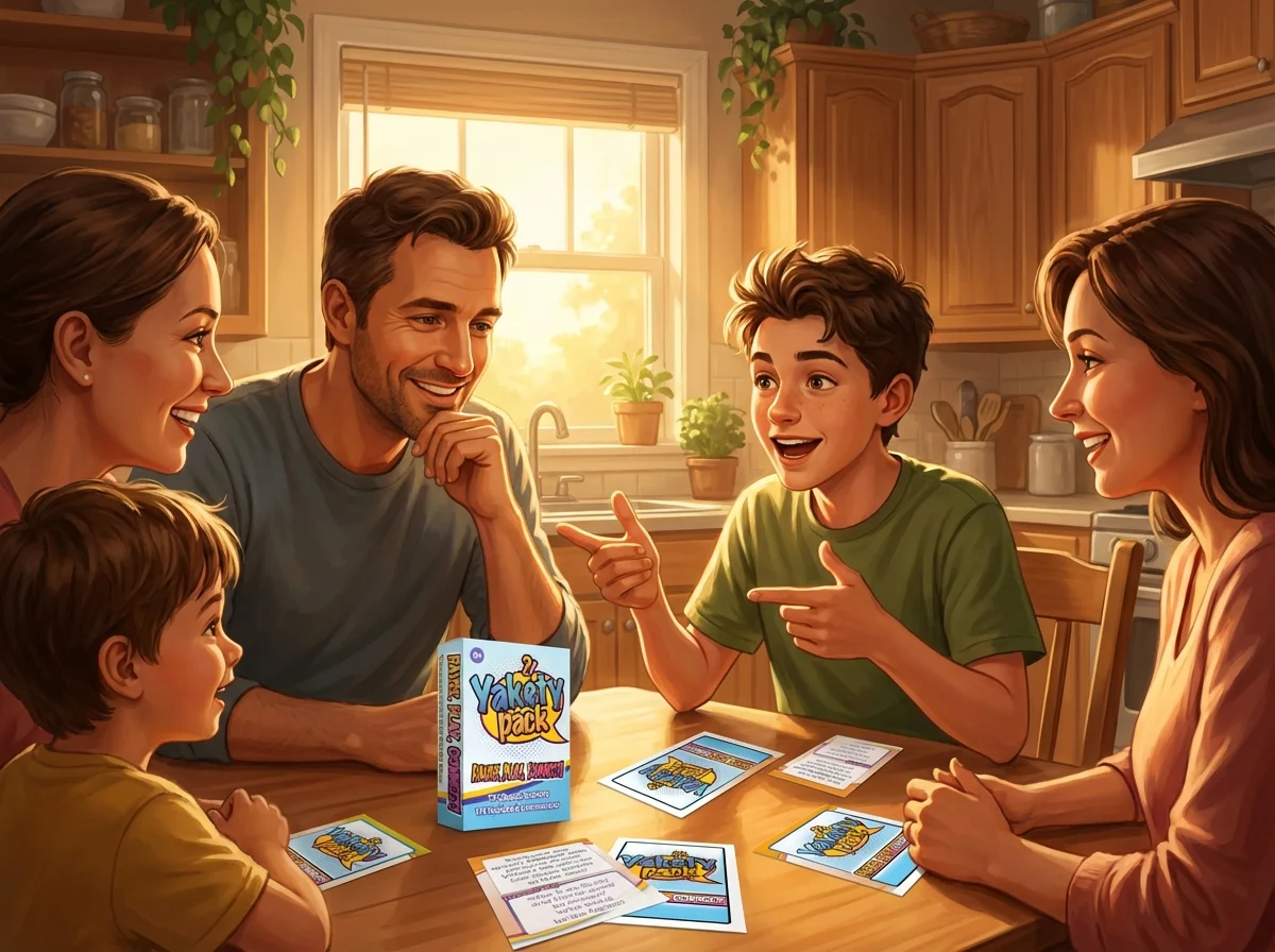 Family at kitchen table with Yakety Pack conversation cards, teen explaining something enthusiastically to parent