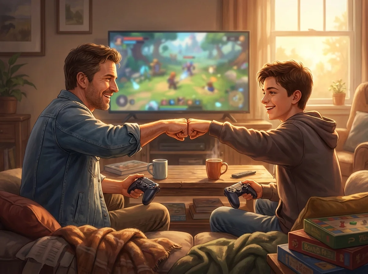Parent and teenager fist-bumping while gaming together, warm lighting, casual setting