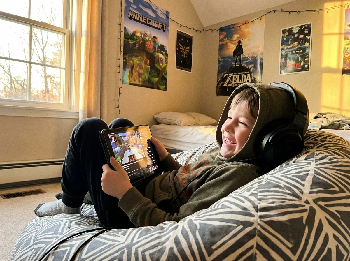 Child sitting on beanbag excitedly watching gaming stream on tablet with headphones, engaged and entertained