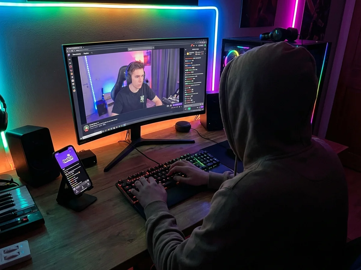 Teenager watching live Twitch stream on monitor with active chat scrolling, engaged in community experience