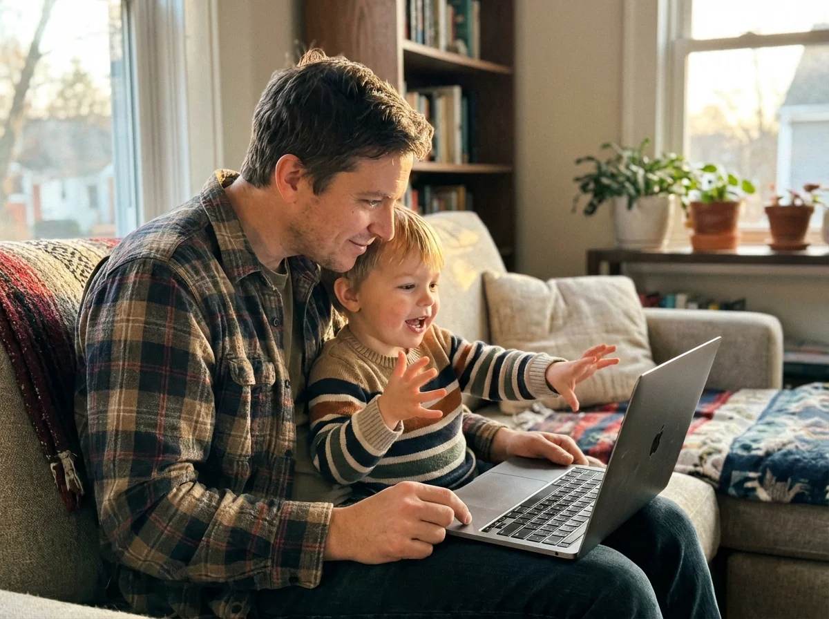 Parent and child watching gaming stream together on couch, child explaining something while parent listens with interest
