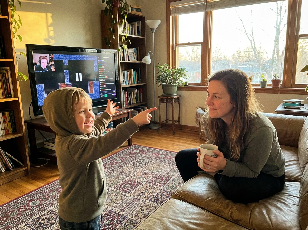 Child enthusiastically explaining their favorite gaming streamer to interested parent in living room setting