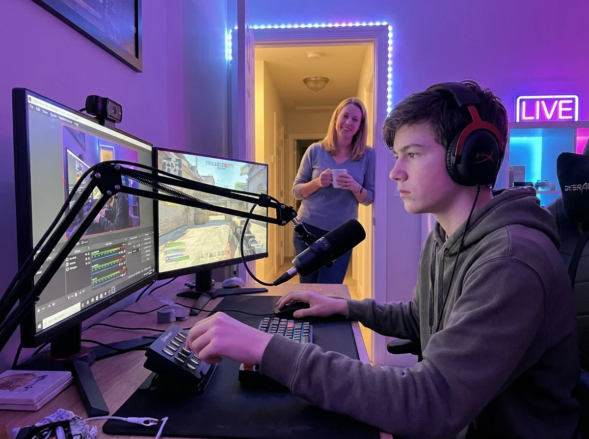 Teen at gaming setup with camera and microphone visible, practicing streaming with supportive parent visible in doorway