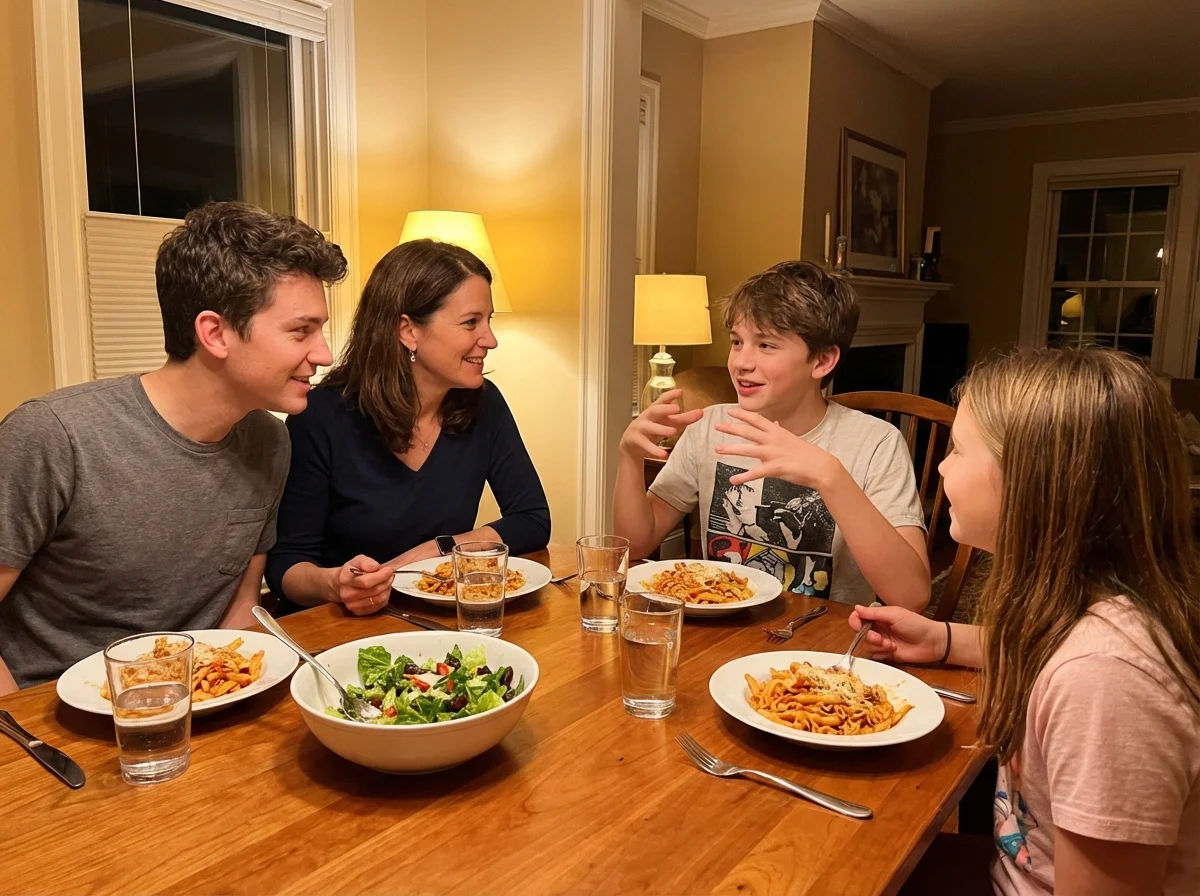 Family having relaxed conversation at dinner table about gaming and streaming content, open and comfortable