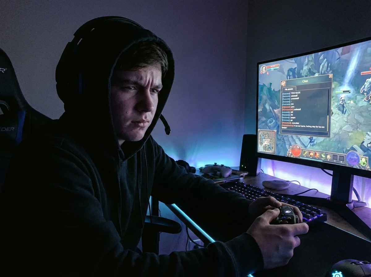 Teenage gamer looking upset and frustrated at monitor while wearing headset during toxic gaming encounter
