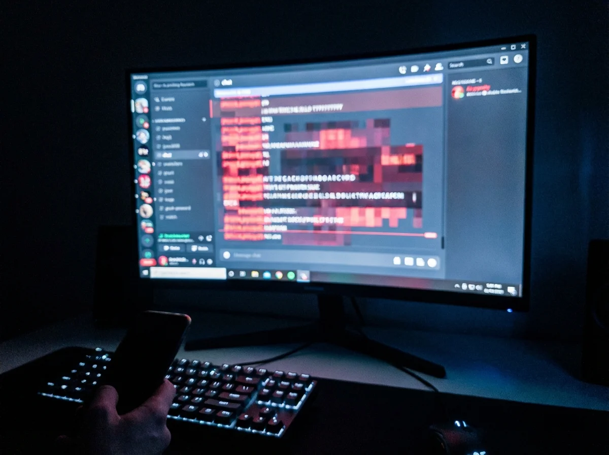 Gaming monitor showing chat window with blurred toxic messages demonstrating harassment in online games
