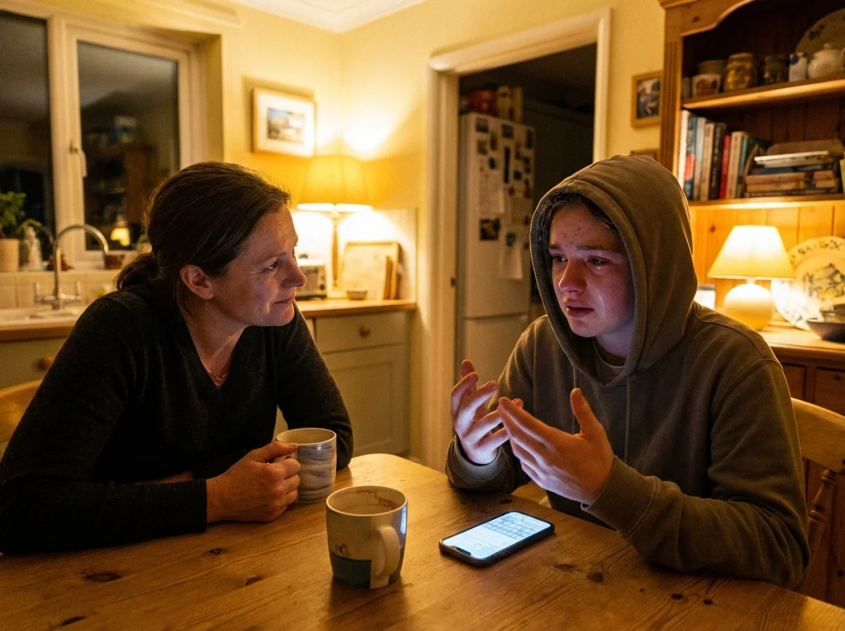 Parent and teenager having serious but warm conversation at kitchen table with mugs, providing emotional support
