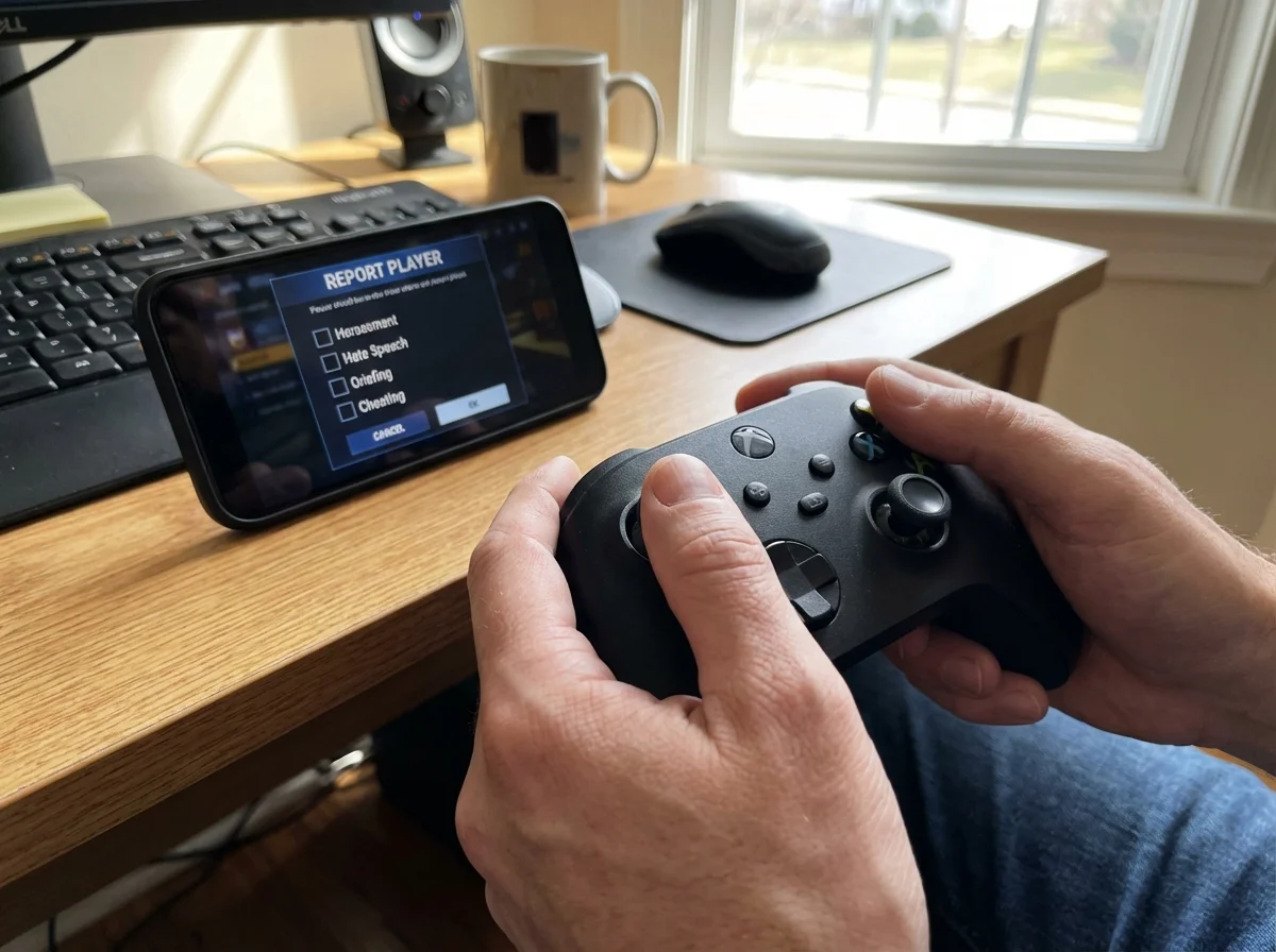 Hands holding game controller with phone nearby showing game reporting interface and options