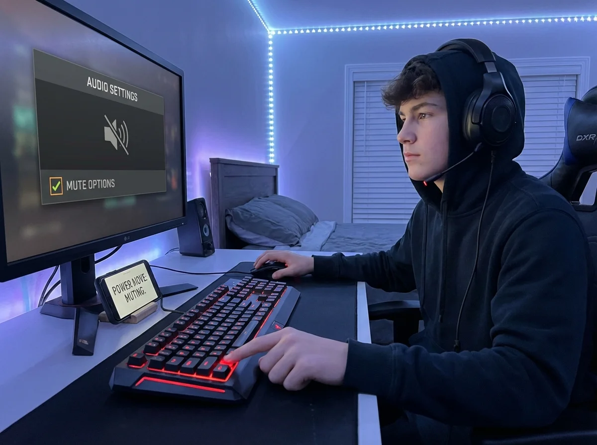 Teenager confidently using mute button on game interface taking control of their gaming experience