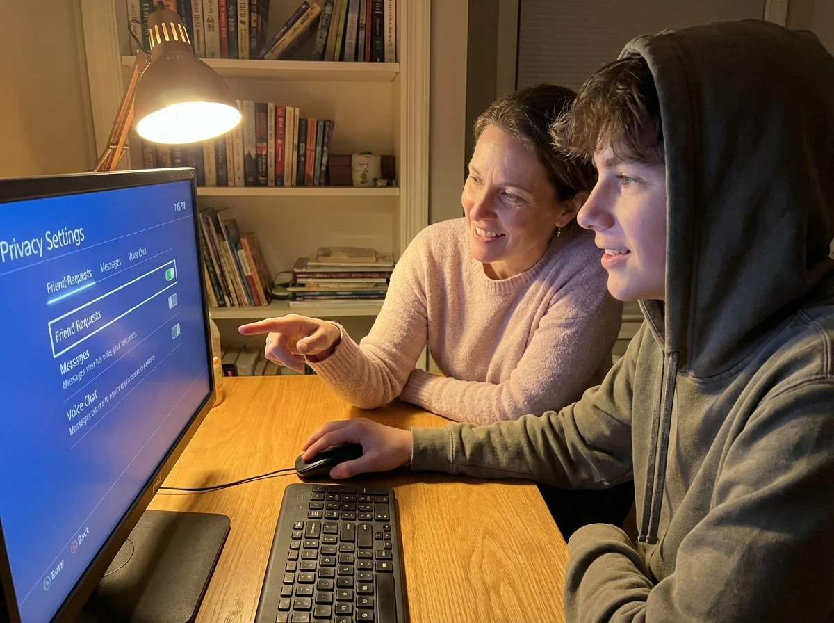 Parent and teenager working together at computer adjusting game privacy and communication settings