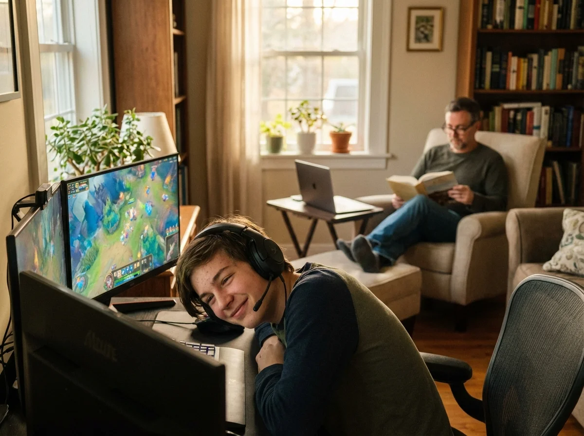 Teenager gaming happily with headset while parent reads comfortably in same room showing healthy monitoring