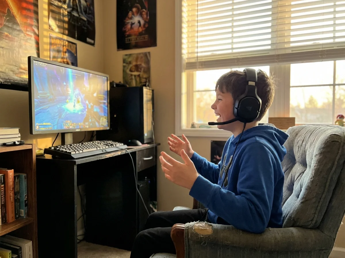 Child happily gaming with friends on voice chat showing healthy gaming engagement