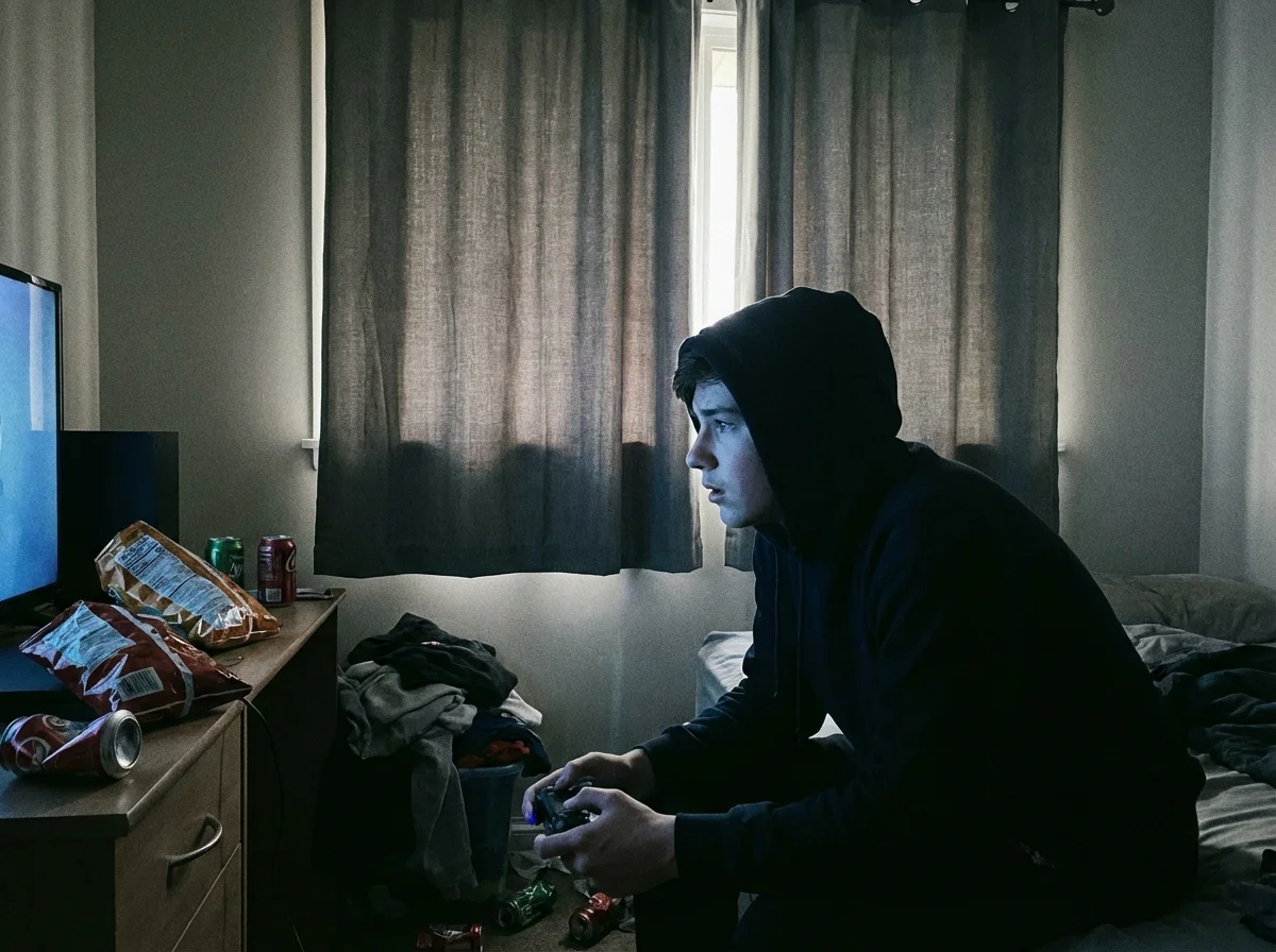 Warning signs of problematic gaming - child isolated gaming alone in dark room