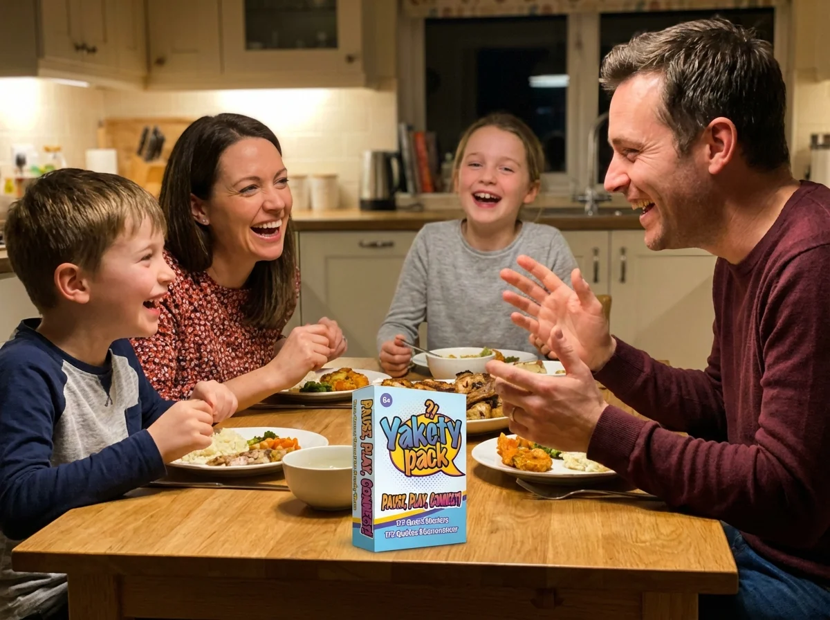 Family connecting at dinner table with Yakety Pack conversation cards, no screens in sight