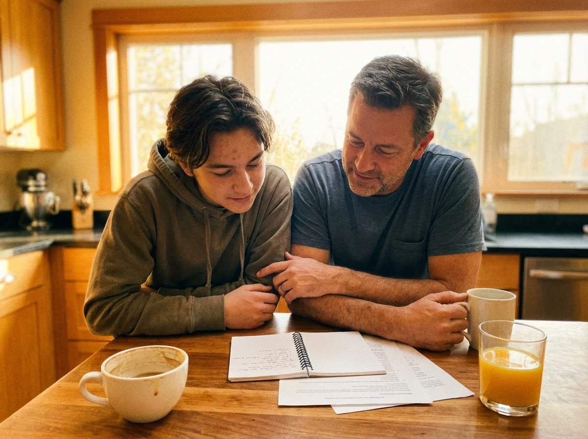 Parent and teenager setting gaming boundaries together through collaborative conversation